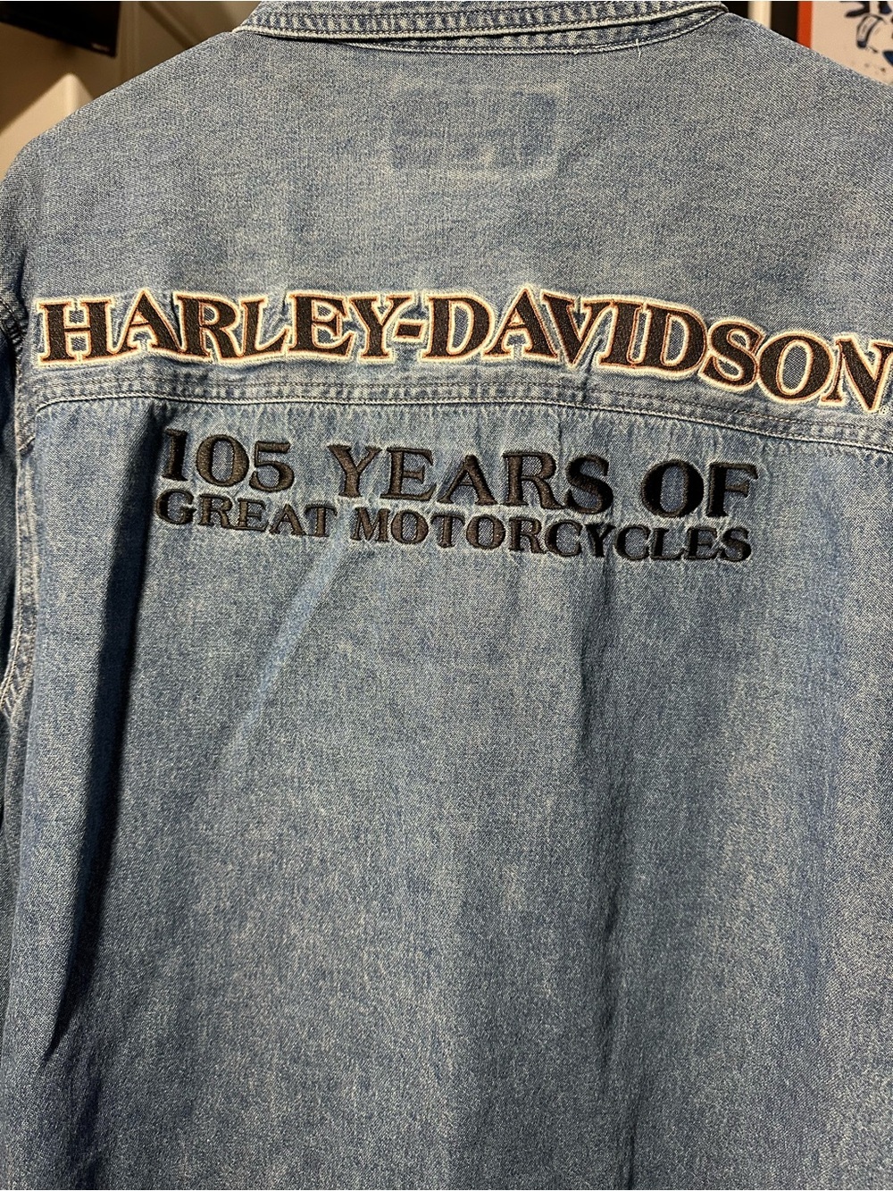 Harley-Davidson Light Blue Denim Jeans LS Shirt Button Up Embroidered Wing Patch